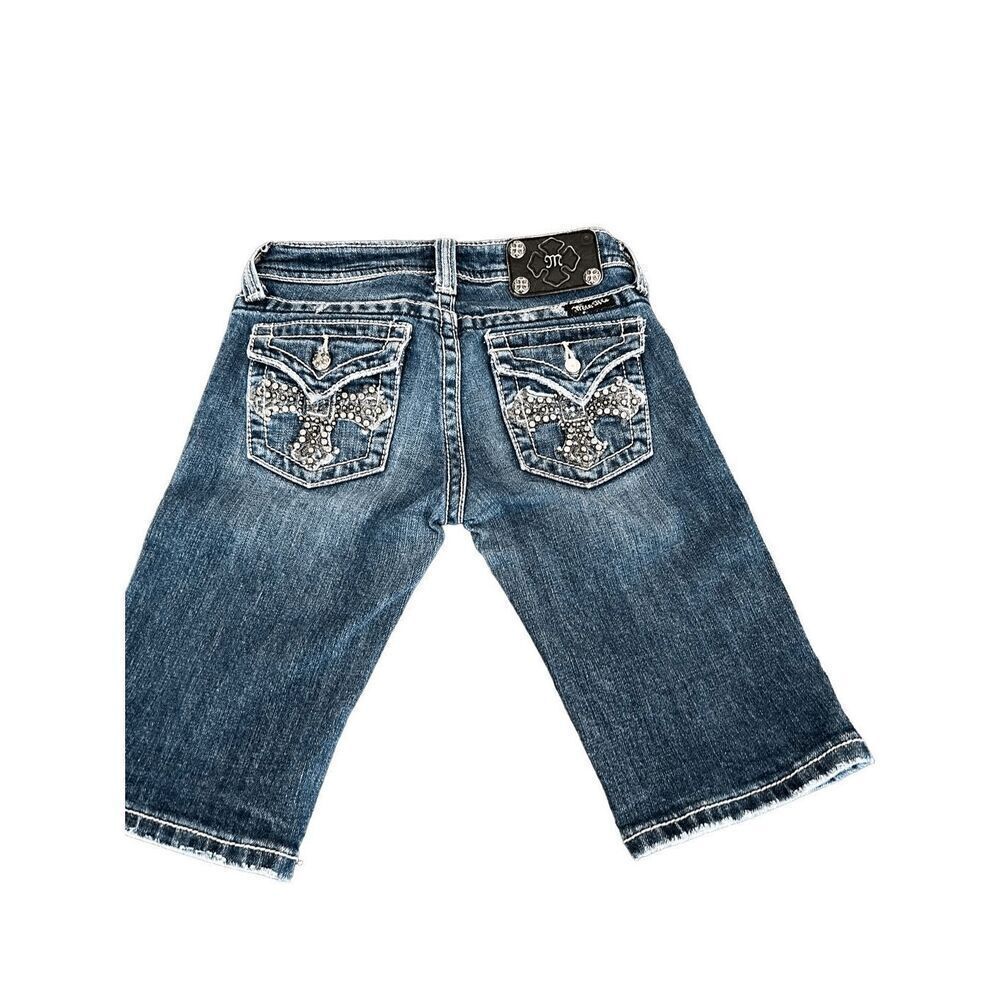 MISS ME Rhinestones cross embroidered jeans Bermuda shorts